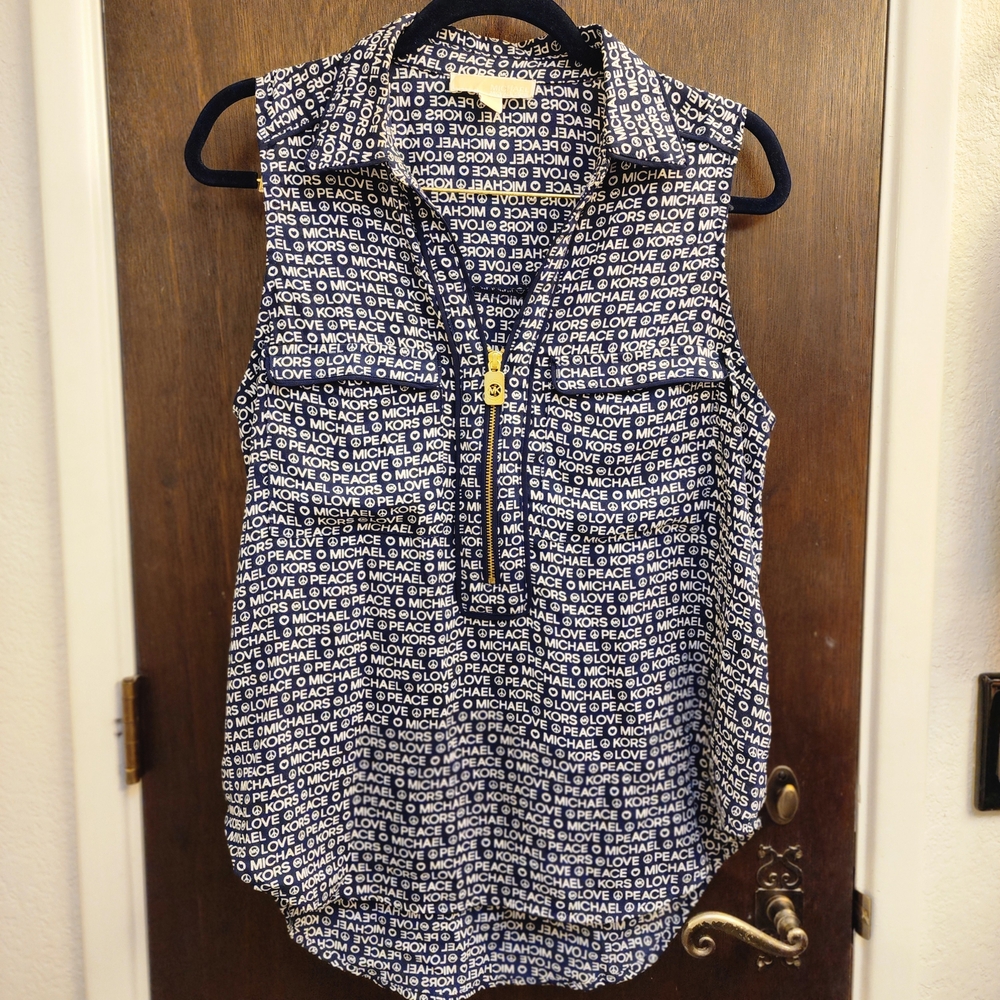 Michael Kors Navy Monogram Peace Love Zip Top Large
